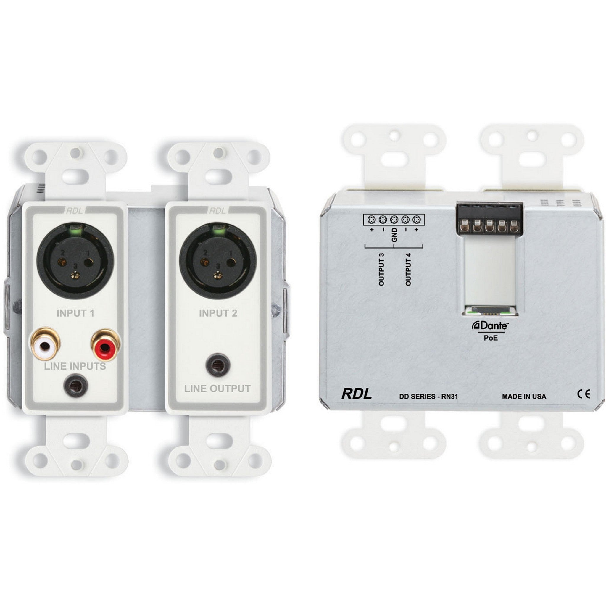 RDL DD-RN31 4 x 4 Bi-Directional Dante Audio Network Interface for Microphone and Line Signals with Power over Ethernet (PoE)